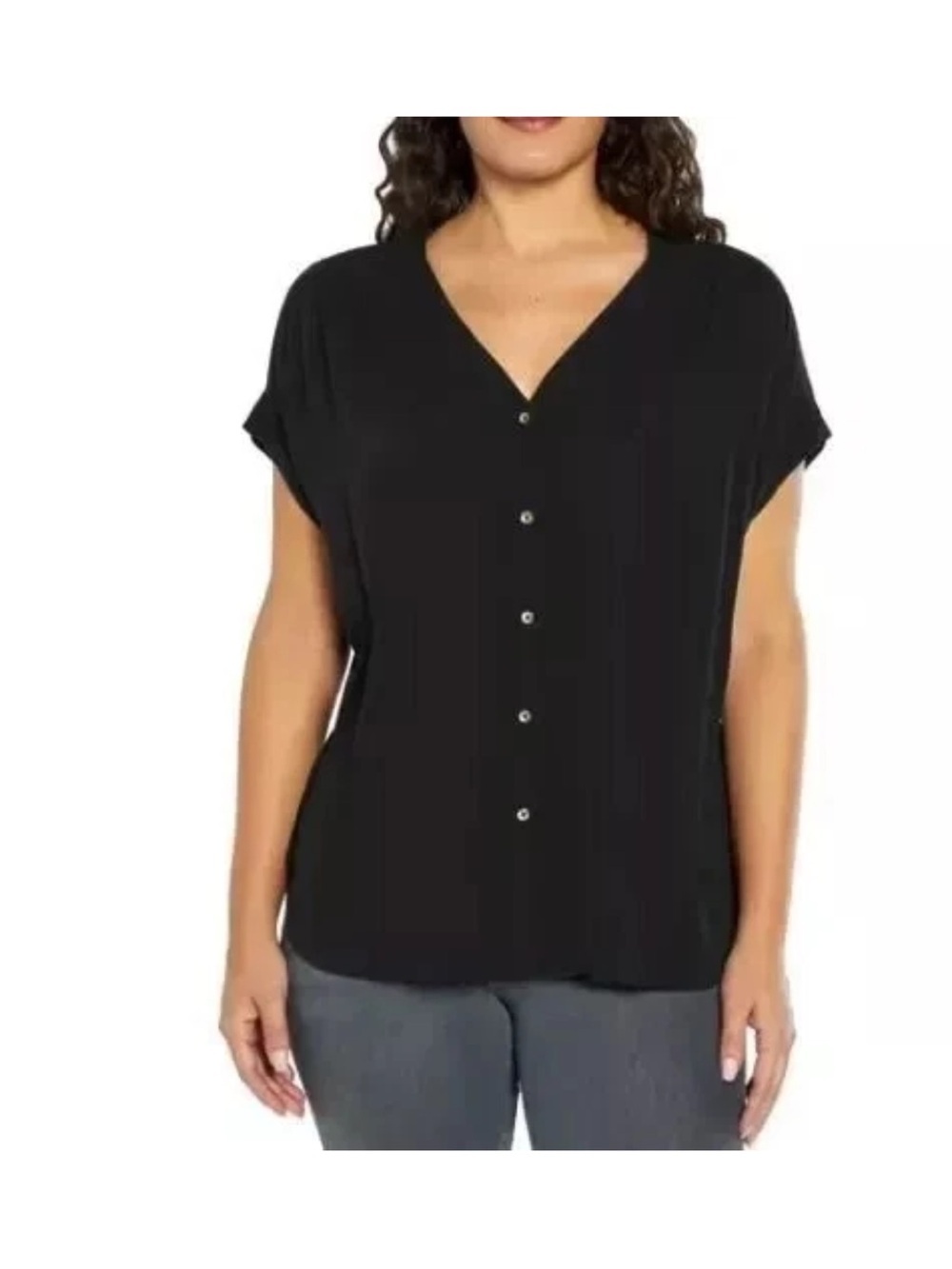 Orvis Black Short-Sleeve Button-Front V-Neck Blouse
